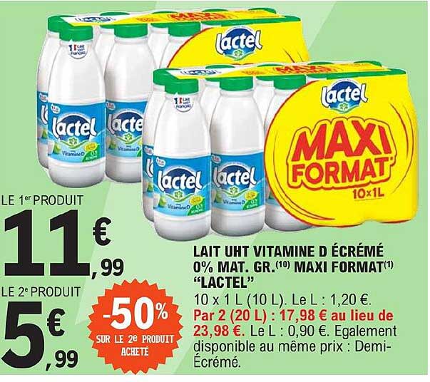 lait uht vitamine d écrémé 0% mat. gr. maxi format "lactel"