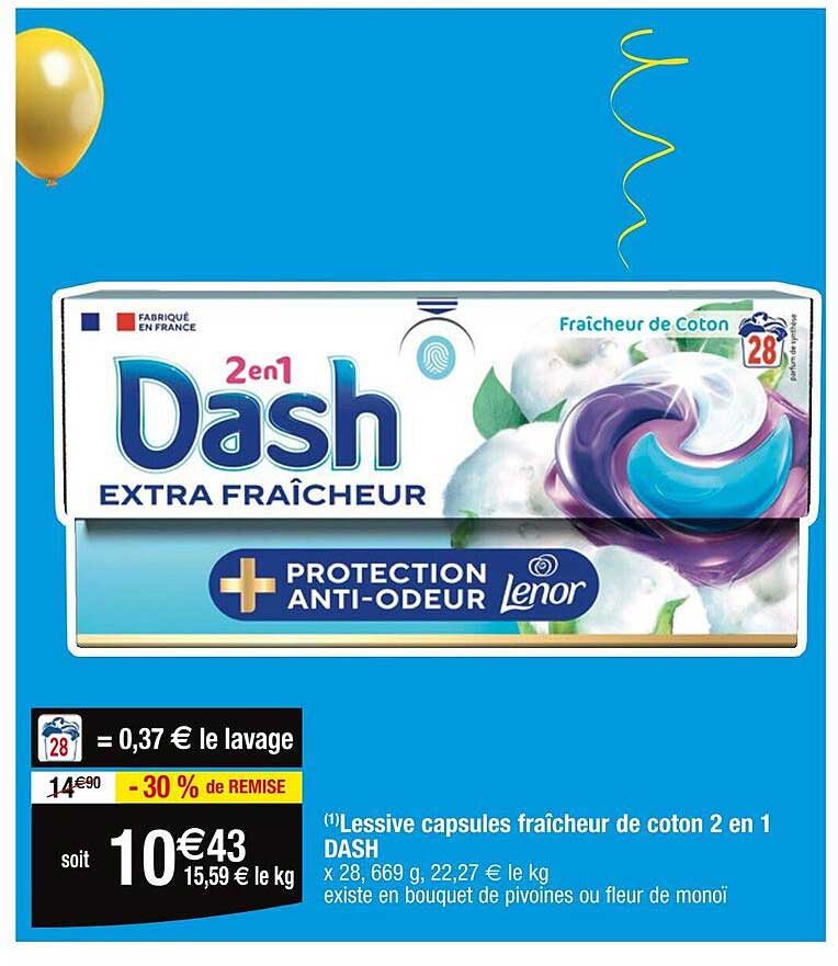 lessive capsules fraîcheur de coton 2en1 dash