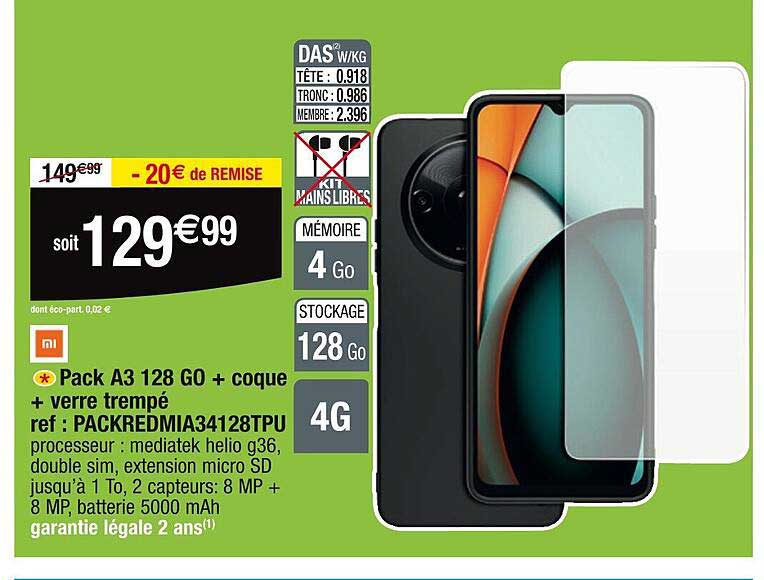 pack a3 128 go + coque + verre trempé réf : packredmia34128tpu