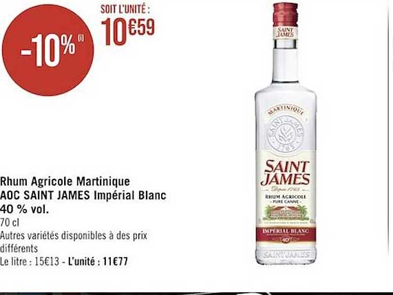 Rhum Agricole Martinique AOC Saint James Impérial Blanc 40% Vol