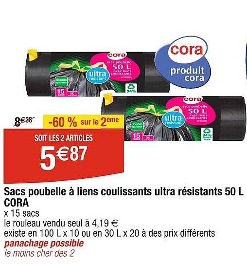 sacs poubelle à liens coulissants ultra résistants 50 l cora