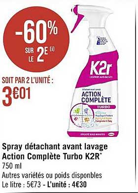 spray détachant avant lavage action complète turbo k2r