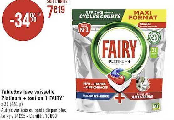 tablettes lave vaisselle platinum + tout en 1 fairy