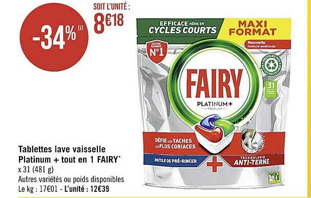 tablettes lave vaisselle platinum + tout en 1 fairy
