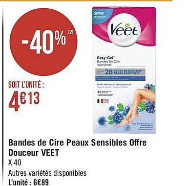 bandes de cire peaux sensibles offre douceur veet