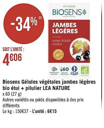 biosens gélules végétales jambes légères bio étui + pilulier lea nature