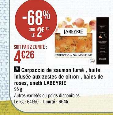 carpaccio de saumon fumé, huile infusée aux zestes de citron, baies de roses, aneth labeyrie