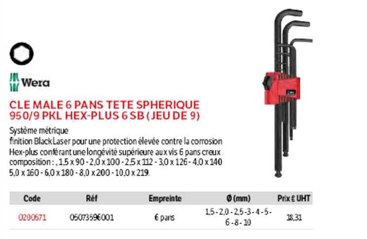 clé mâle 6 pans tête sphérique 950-9 pkl hex-plus 6 sb (jeu de 9) wera