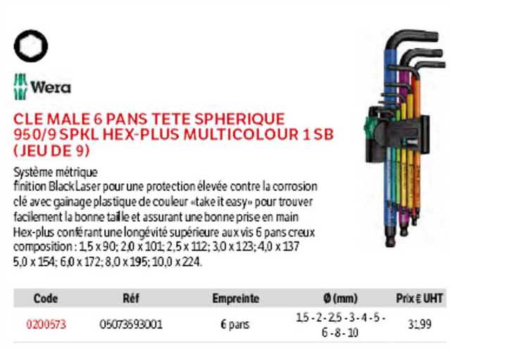clé mâle 6 pans tête sphérique 950-9 spkl hex-plus multicolour 1 sb (jeu de 9) wera