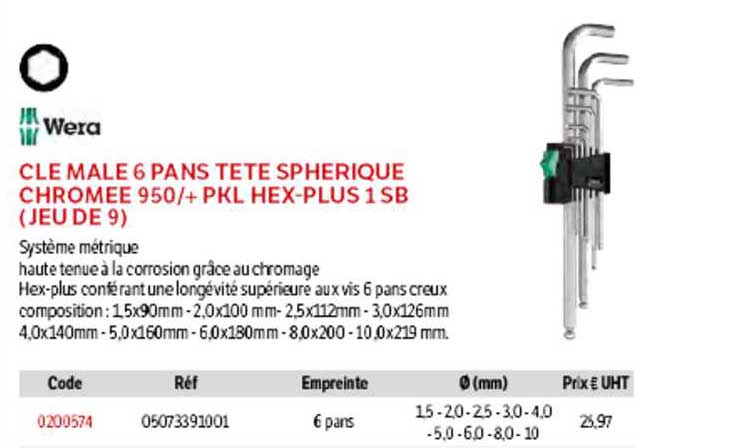 clé mâle 6 pans tête sphérique chromée 950-+pkl hex-plus 1 sb (jeu de 9) wera