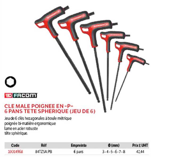 clé mâle poignée en "p" 6 pans tête sphérique (jeu de 6) facom