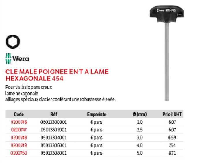 clé mâle poignée en t à la lame hexagonale 454 wera