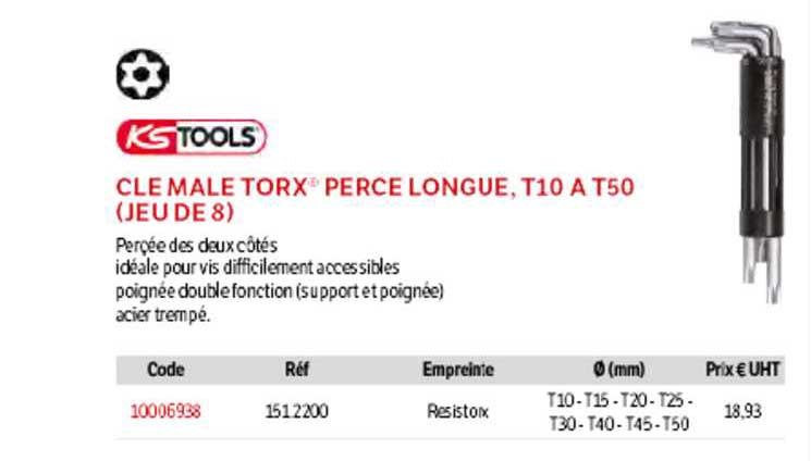 clé mâle torx percé longue, t10 à t50 (jeu de 8) ks tools