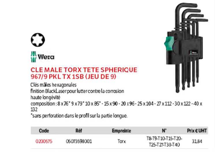 clé mâle torx tête sphérique 967-9 pkl tx 1sb (jeu de 9) wera