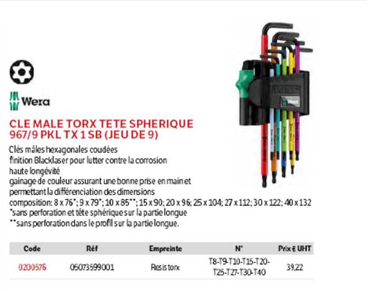 clé mâle torx tête sphérique 967-9 pkl tx1 sb (jeu de 9) wera