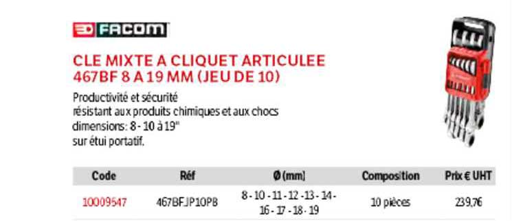 Clé Mixte à Cliquet Articulée 467bf 8 à 19 Mm (jeu De 10) Facom