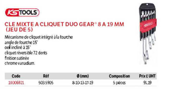 clé mixte à cliquet duo gear 8a 19 mm (jeu de 5) ks tools