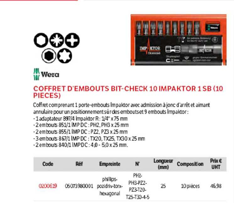coffret d'embouts bit-check 10 impaktor 1 sb (10 pièces) wera