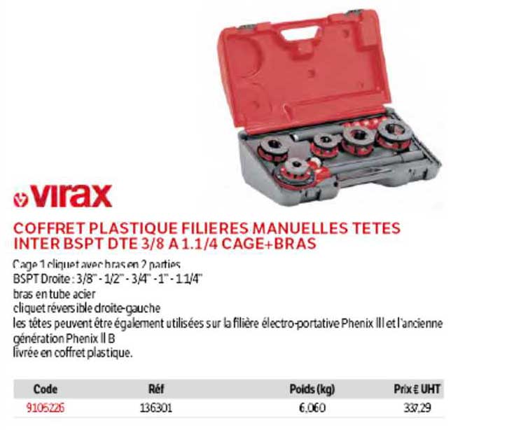 coffret plastique filières manuelles têtes inter bspt dte 3-8 a 1.1-4 cage + bras virax