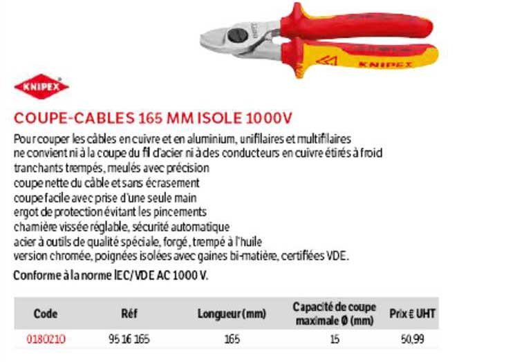 coupe-cables 165 mm isolé 1000v knipex