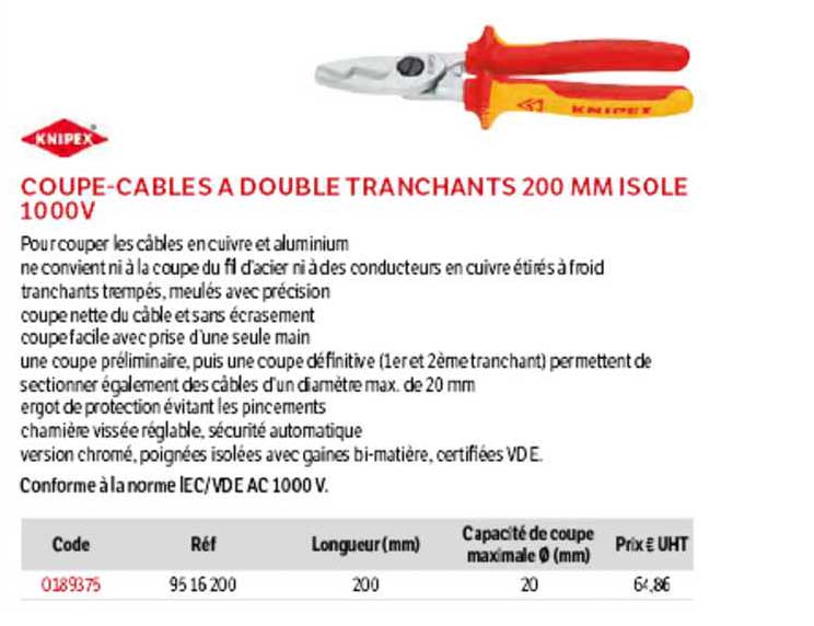 coupe-câbles à double tranchants 200 mm isolé 1000v knipex