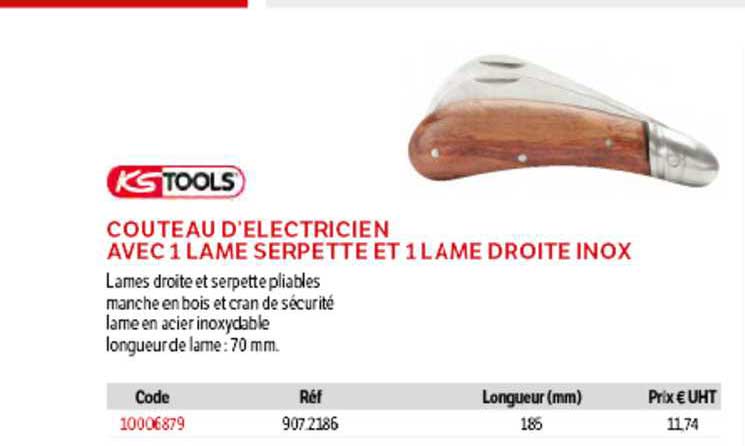 couteau d'électricien avec 1 lame serpette et 1 lame droite inox ks tools