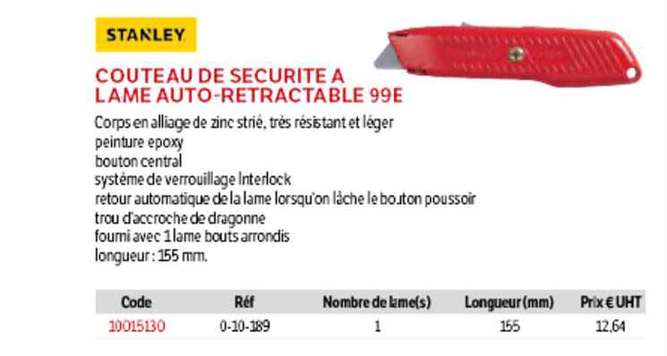 couteau de sécurité à lame auto-retractable 99e stanley