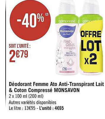 déodorant femme ato anti-transpirant lait & coton compressé monsabon