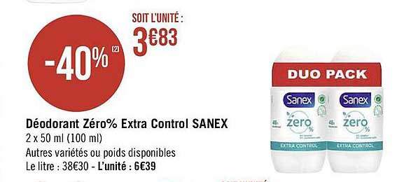 déodorant zéro% extra control sanex
