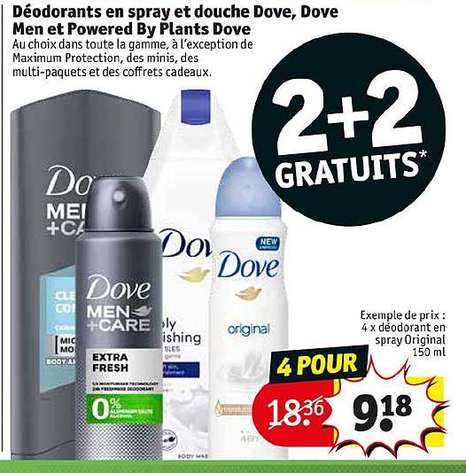 déodorants en spray et douche dove dove men et powered by plants dove 2+2 gratuits