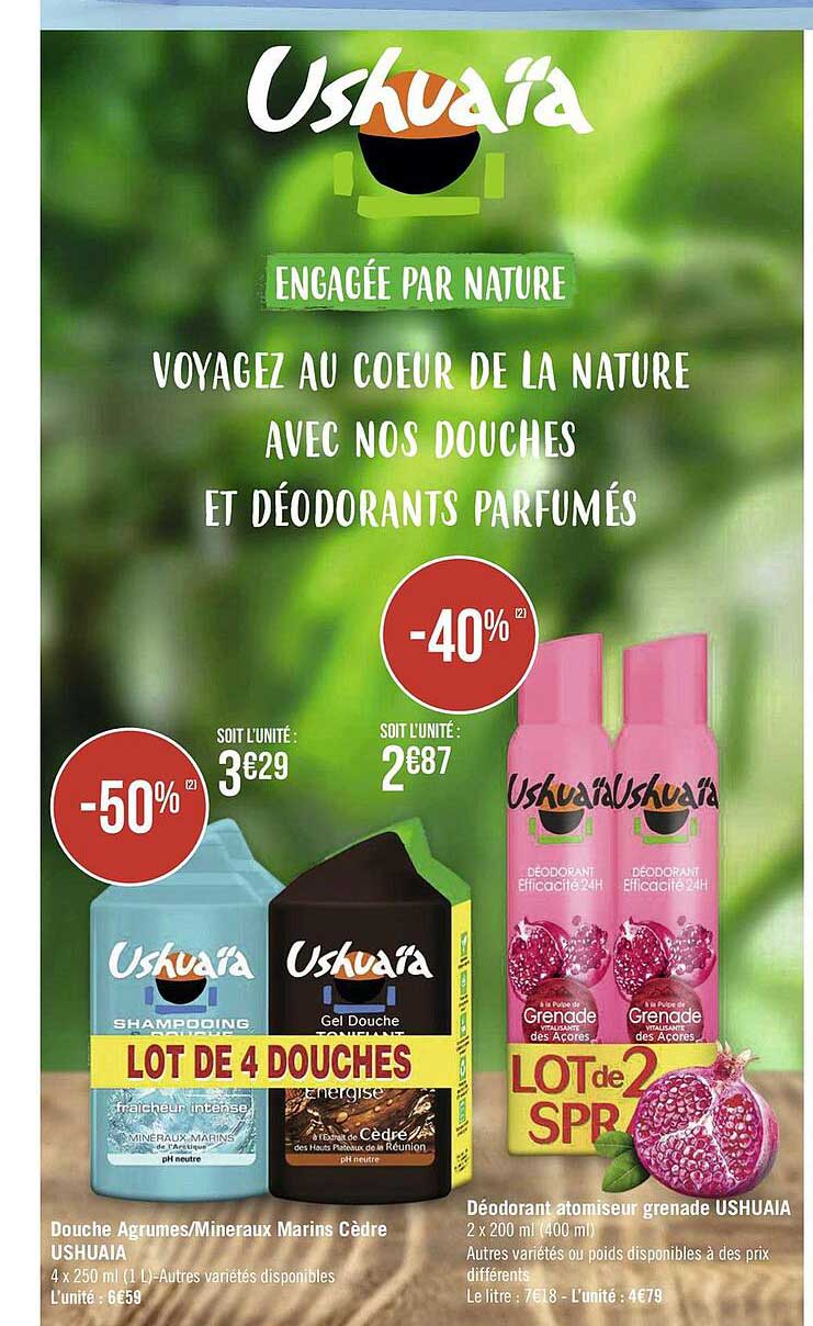 douche agrumes -minéraux marins cidre ushuaïa, déodorant atomiseur grenade ushuaïa