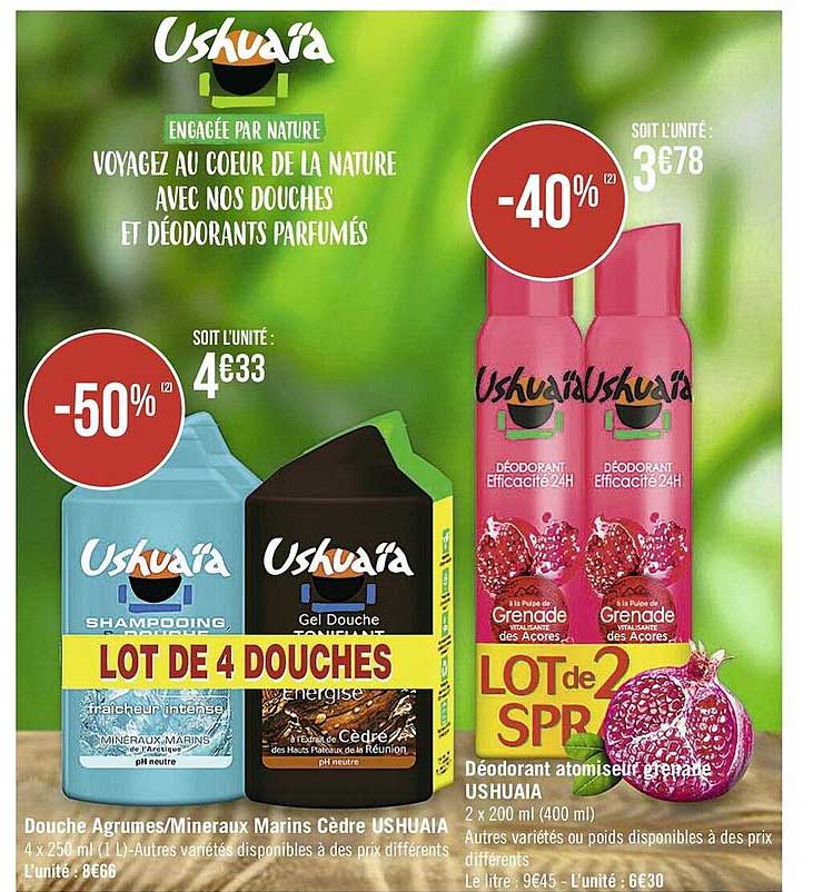 douche agrumes-minéraux marins cèdre ushuaïa, déodorant atomiseur grenade ushuaïa