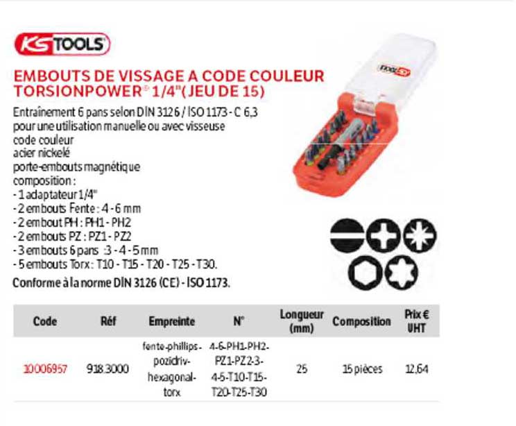embouts de vissage à code couleur torsionpower 1-4" (jeu de 15) ks tools