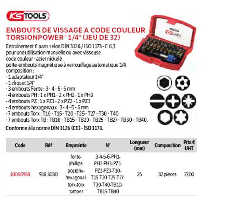 embouts de vissage à code couleur torsionpower 1-4" (jeu de 32) ks tools