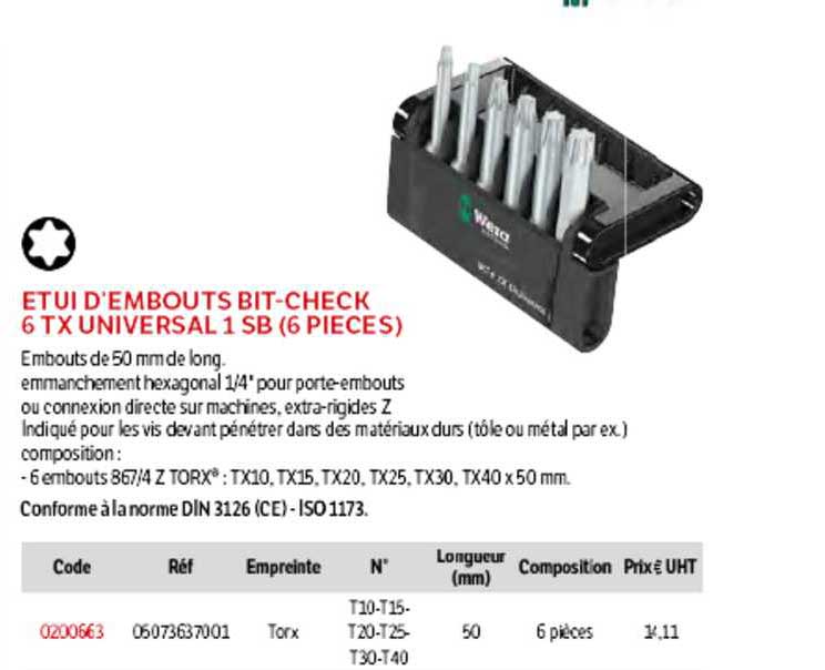 étui d'embouts bit-check 6 tx universal 1 sb (6 pièces) wera