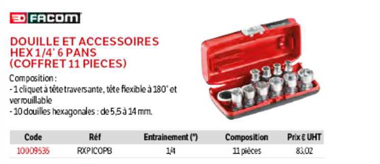 Facom Douille ET Accessoires Hex 1-4" 6 Pans (Coffret 11 Pieces)
