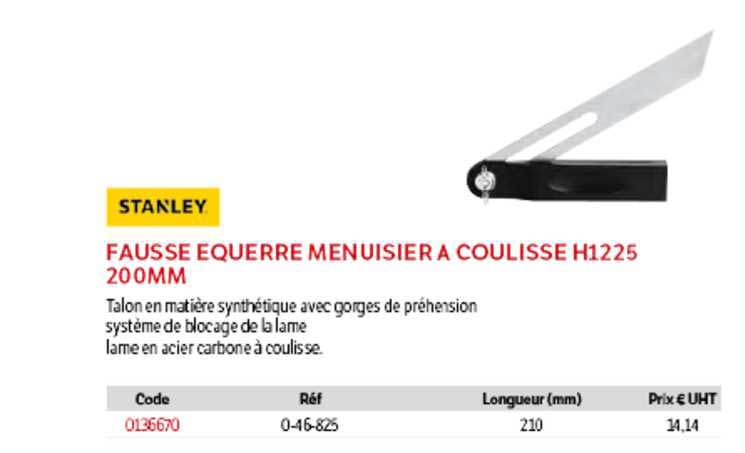 fausse équerre menuisier à coulisse h1225 200mm stanley
