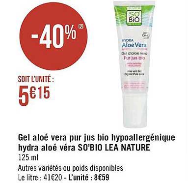 gel aloé vera pur jus bio hypoallergénique hydra aloé véra so'bio lea nature
