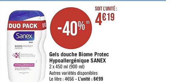 gels douche biome protect hypoallergénique sanex