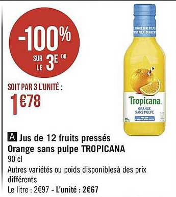 jus de 12 fruits pressés orange sans pulpe tropicana