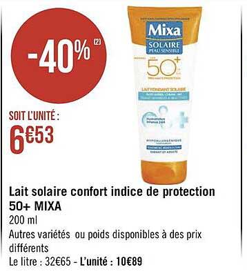 lait solaire confort indice de protection 50+ mixa