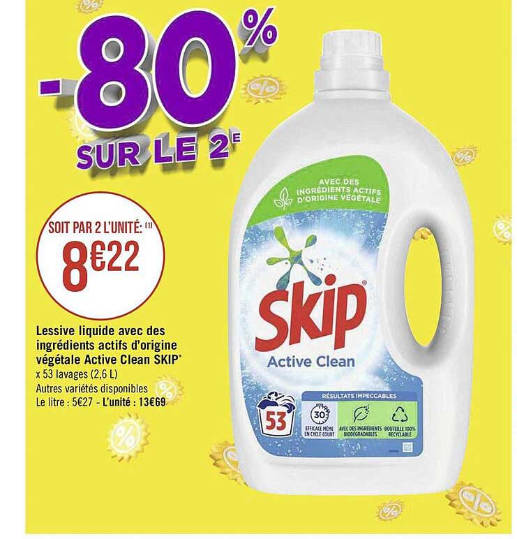 lessive liquide avec des ingrédients actifs d'origine végétale active clean skip