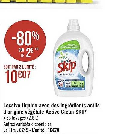 lessive liquide avec des ingrédients actifs d'origine végétale active clean skip
