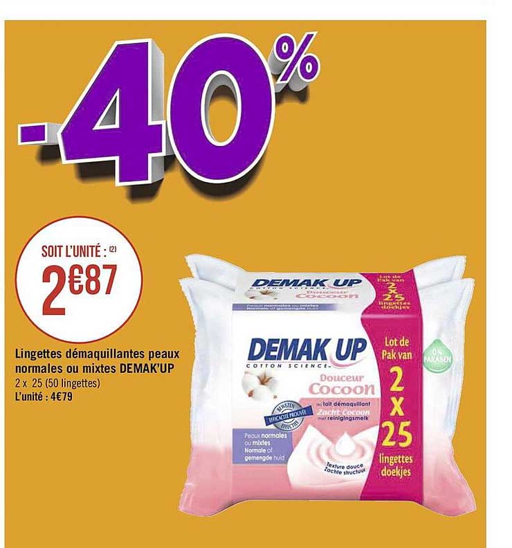 lingettes démaquillantes peaux normales ou mixtes demak'up