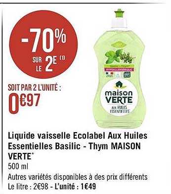 liquide vaisselle ecolabel aux huiles essentielles basilic - thym maison verte