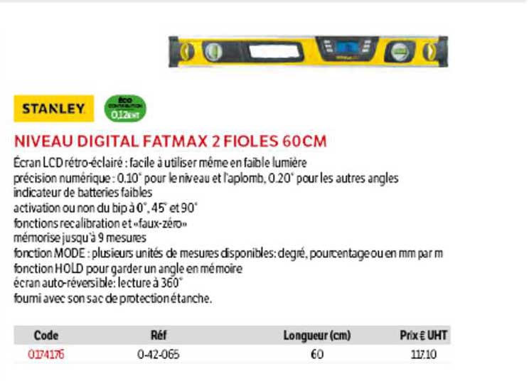 niveau digital fatmax 2 fioles 60 cm stanley