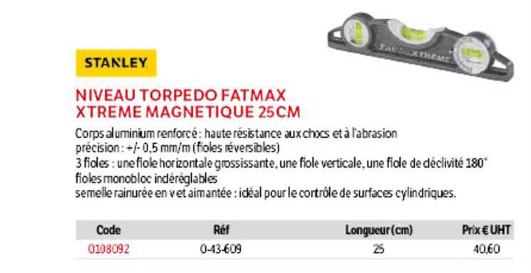 niveau torpedo fatmax xtrême magnétique 25 cm stanley