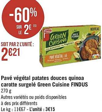 pavé végétal patates douces quinoa carotte surgelé green cuisine findus