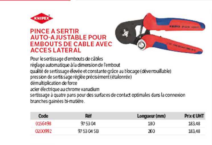 pince à sertir auto-ajustable pour embouts de cable avec accès latéral knipex