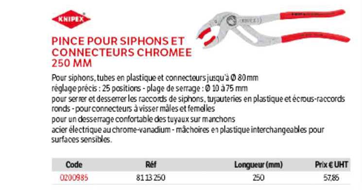 pince pour siphons et connecteurs chromée 250 mm knipex